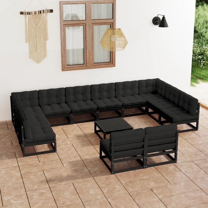 Día y Noche - Día y Noche Set de muebles de jardín 13 pzas con cojines madera pino negro