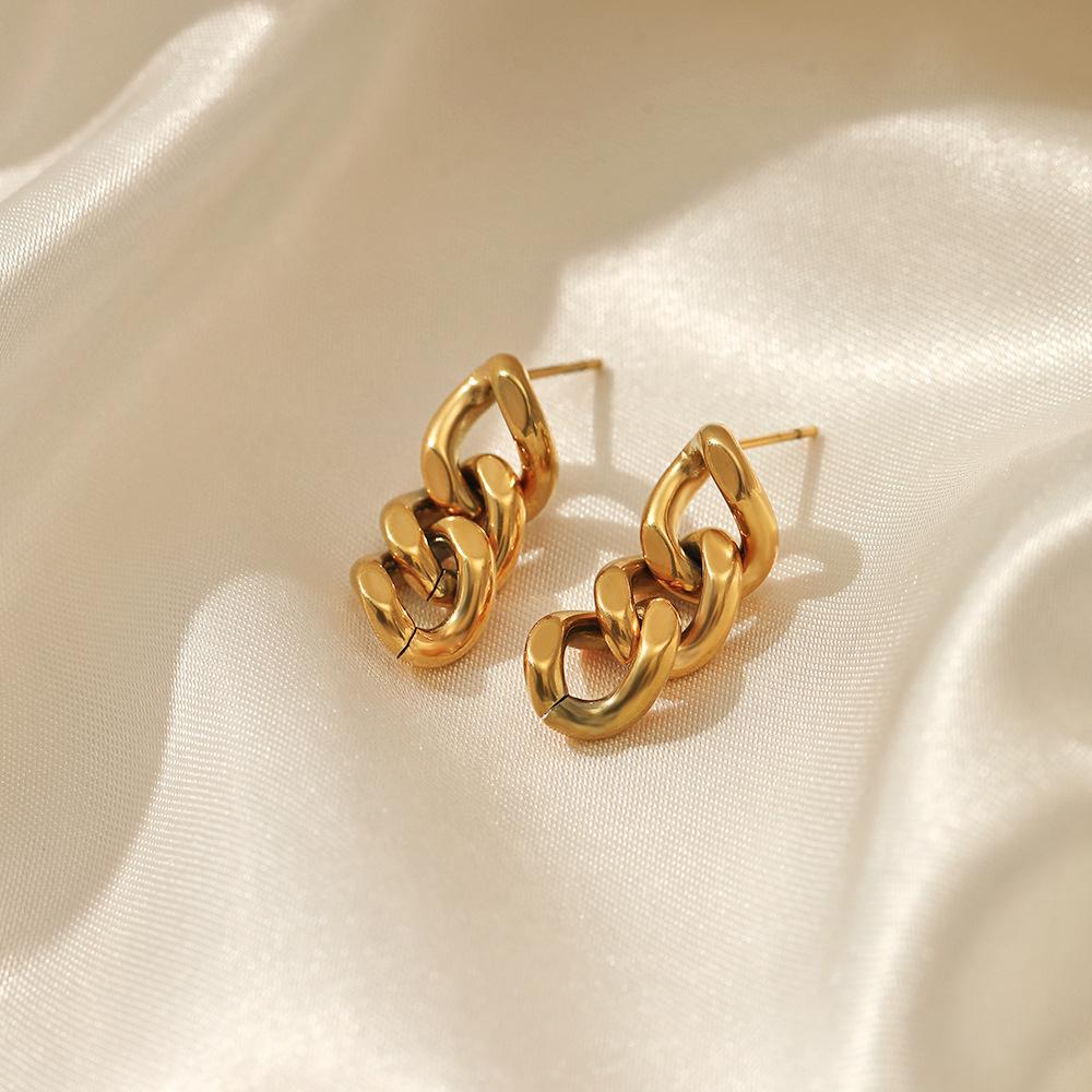Cuban Chain Earrings, European and American Simple Chain Stainless Steel Gold-plated Studs, Fashionable and Creative Popular Design Earrings for Women