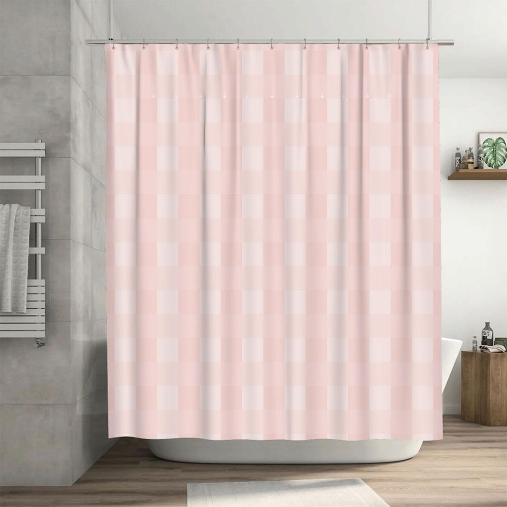 Pink Checkered Shower Curtain Waterproof Bath Rug Decorative Liner For Bathtub Home Bathroom Decoration Pink White 180 X 245Cm (