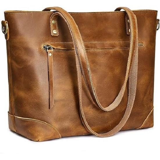 Genuine Leather Tote Bag for Women Work Shoulder Crossbody Purses Handbag with Outside Pockets