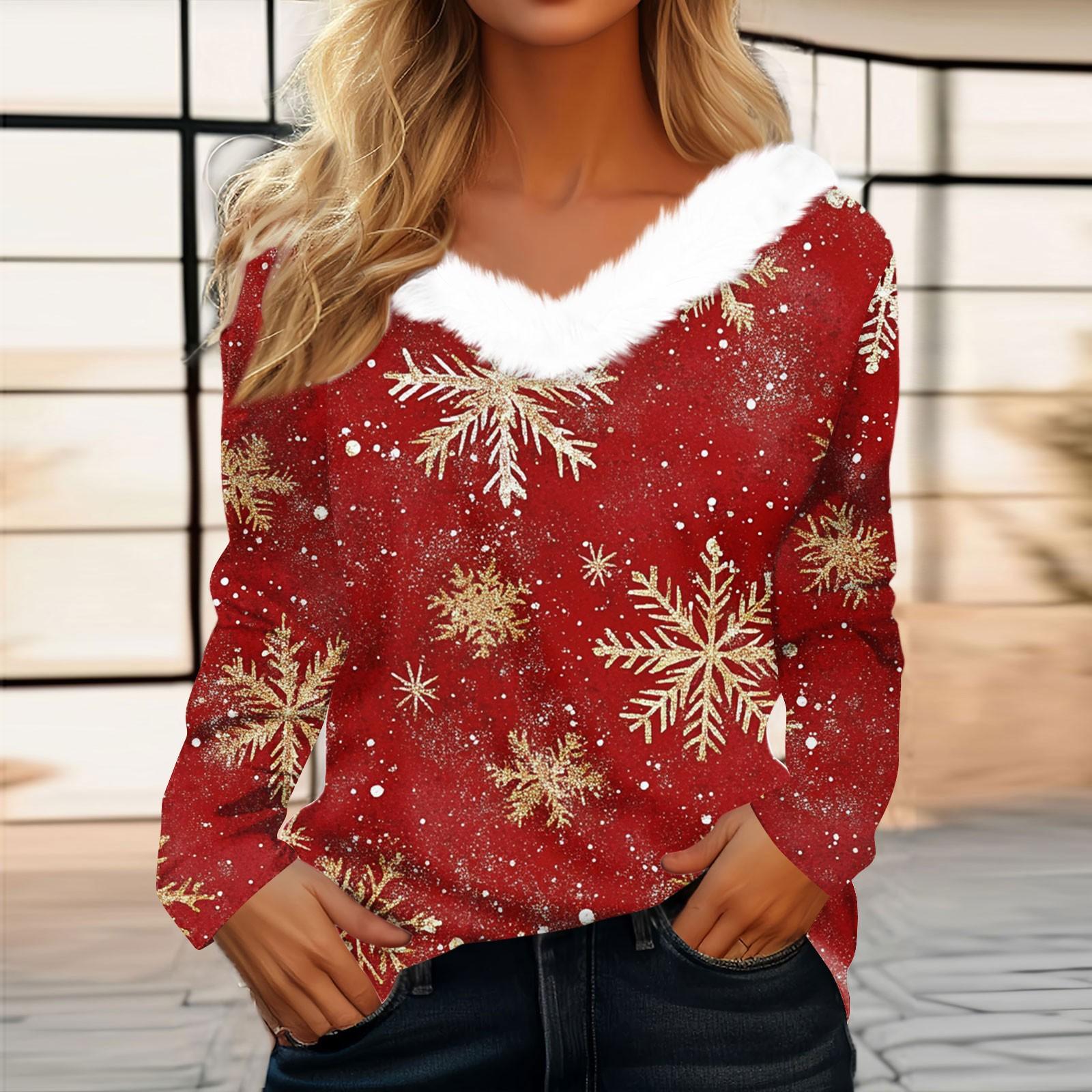 

Женская футболка, рождественская рубашка с длинным рукавом, вечерние, рождественский флисовый воротник, топ с v-образным вырезом S винный