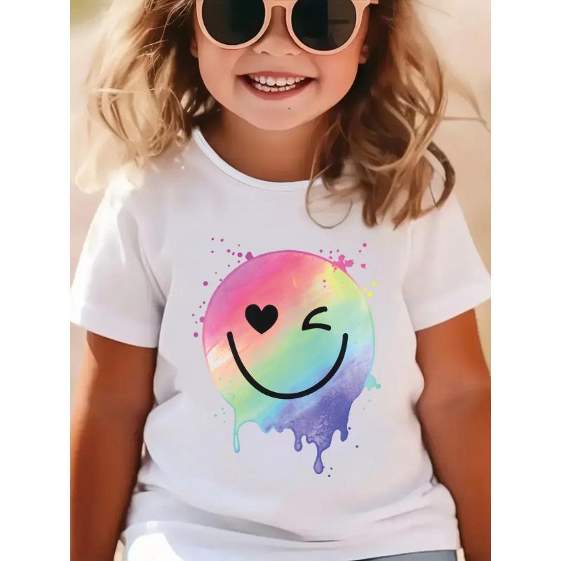 Girls Crew Neck Short Sleeve T-Shirt with Colorful Smiley Face Print 110