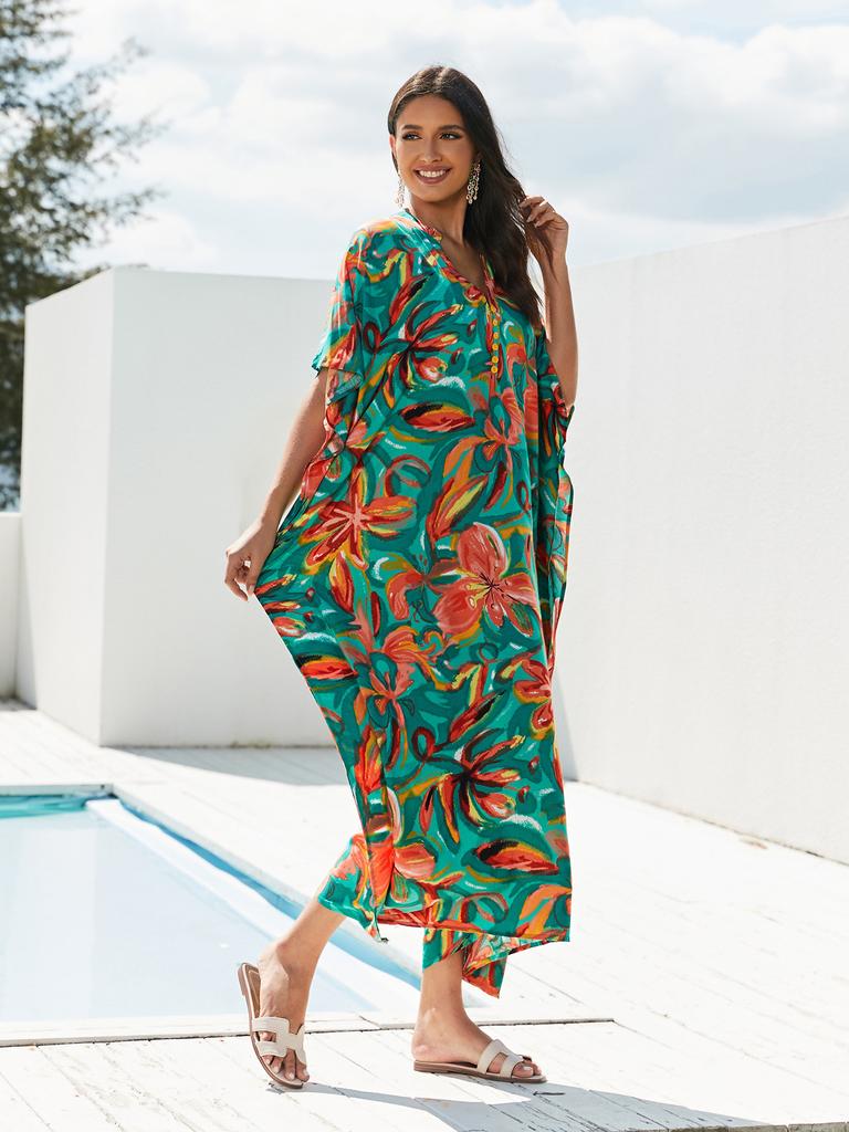 Beach Kaftans Flower Printed Summer Holiday Maxi Dresses Button Decoration Holiday Bathing Suits Hot Sales