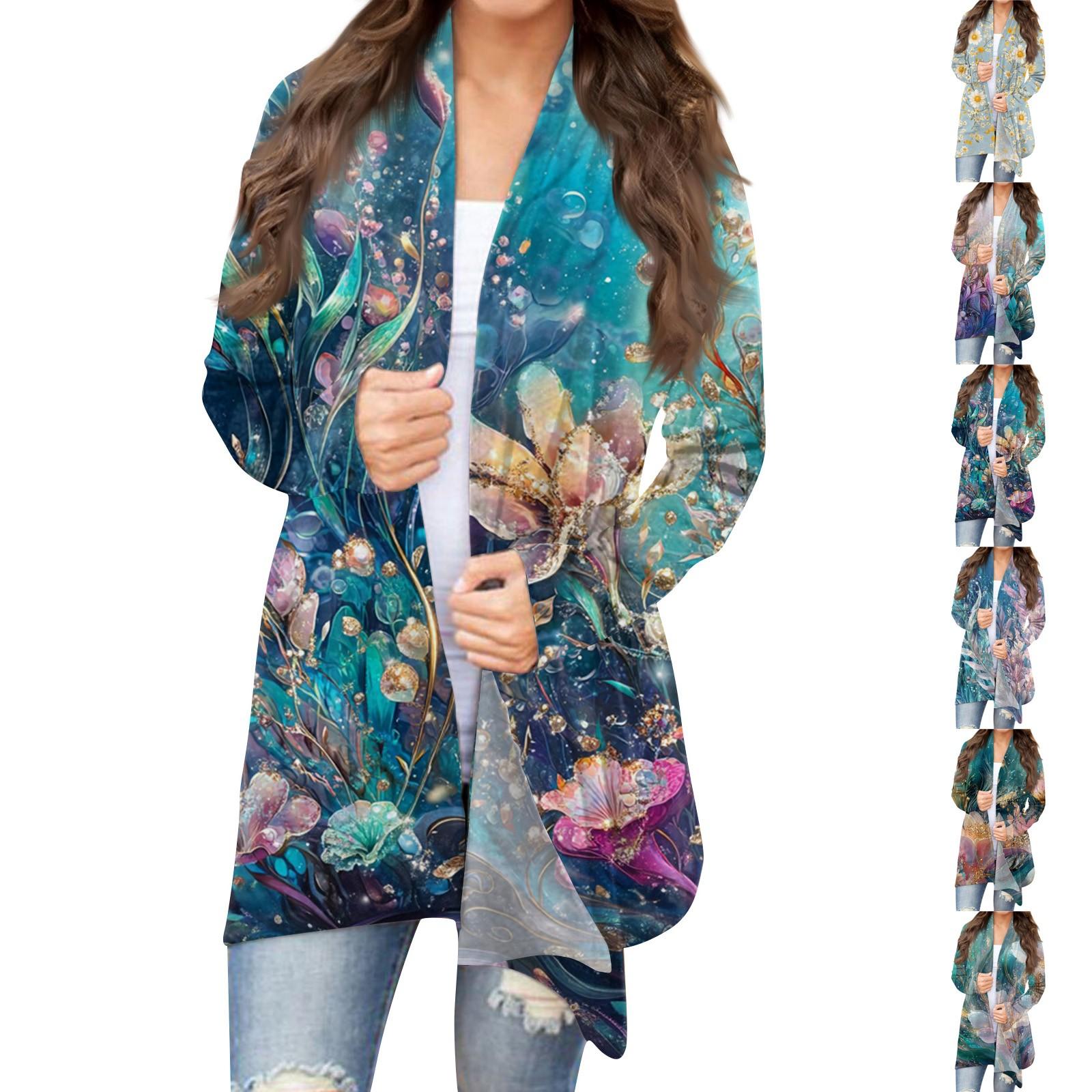 

Women s Fashion Casual Retro Print Mid-Length Cardigan Jacket S