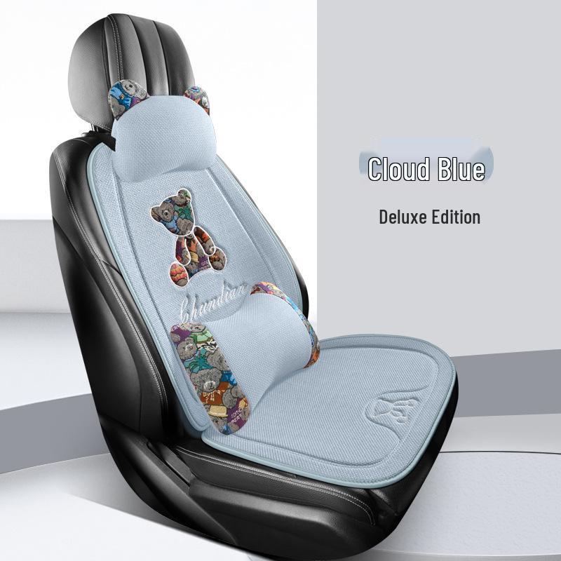 Four Seasons Universal Linen Car Seat Cushion - Cartoon Bear, Breathable, Half-Wrap Rear Seat Cover