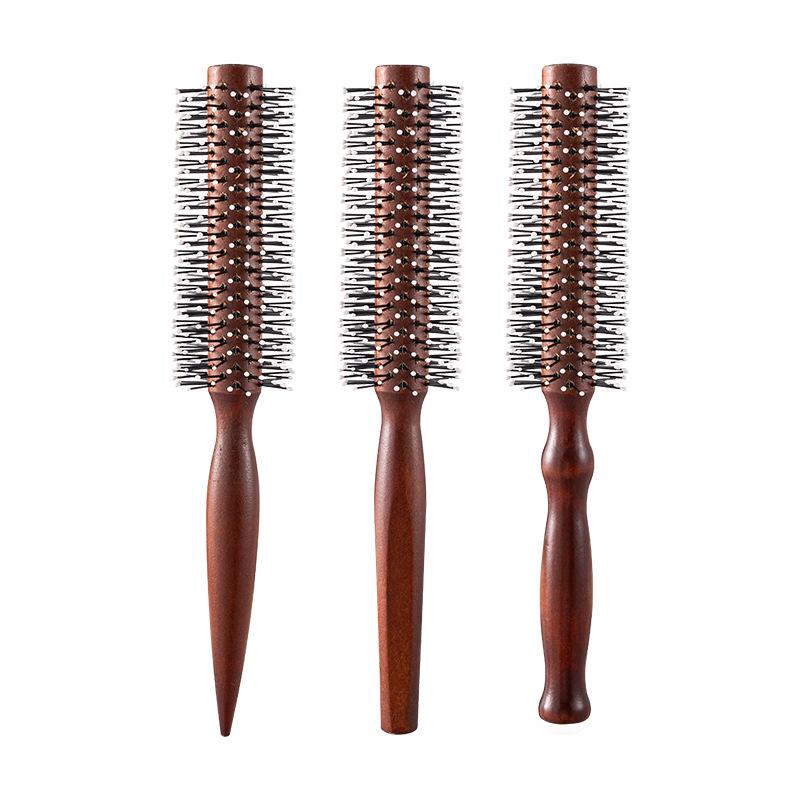 Professional Curly Hair Comb - Red-Brown Nylon Teeth, Original Wood Roller, Round Head for Inward Curls