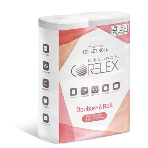 Iris Plaza Corex Toilet Paper, Double, 60m x 6 Rolls (6 Rolls = 12 Rolls), Made in Japan, Double Length