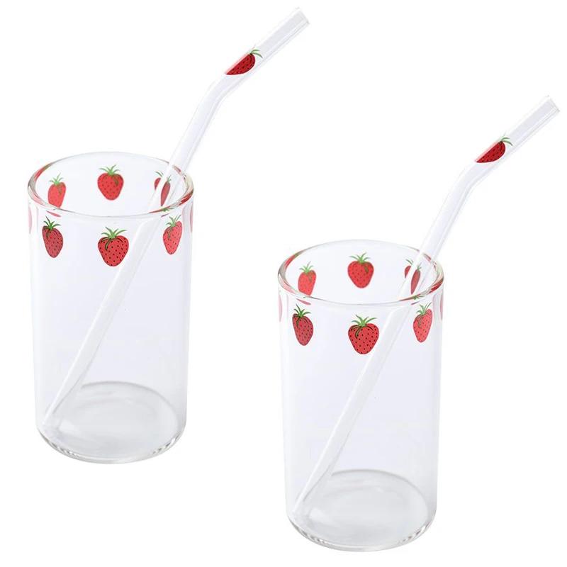 1-6pcs 300ml Strawberry Coffee Mugs Cute Glass Cup with Straw Creative Transparent Water Drinking Student Milk Gift Drinkware