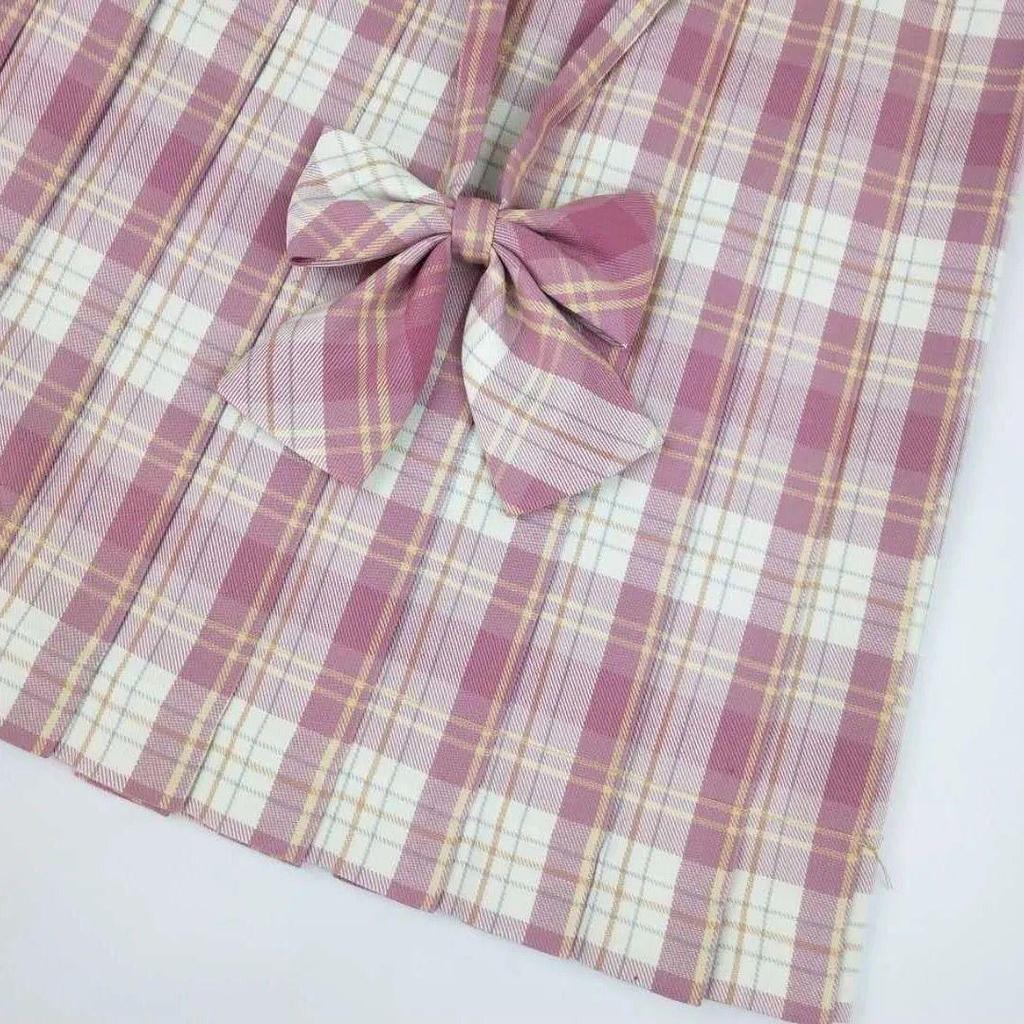 Japanese JK Sailor Suit: Teen Spring/Summer Full Set with Embroidered Shirt & Pleated Grid Skirt