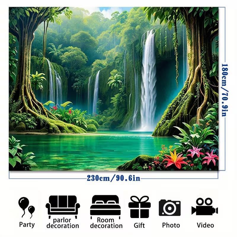 2D Turquoise Pool Waterfall Tapestry Lush Rainforest Photography Background