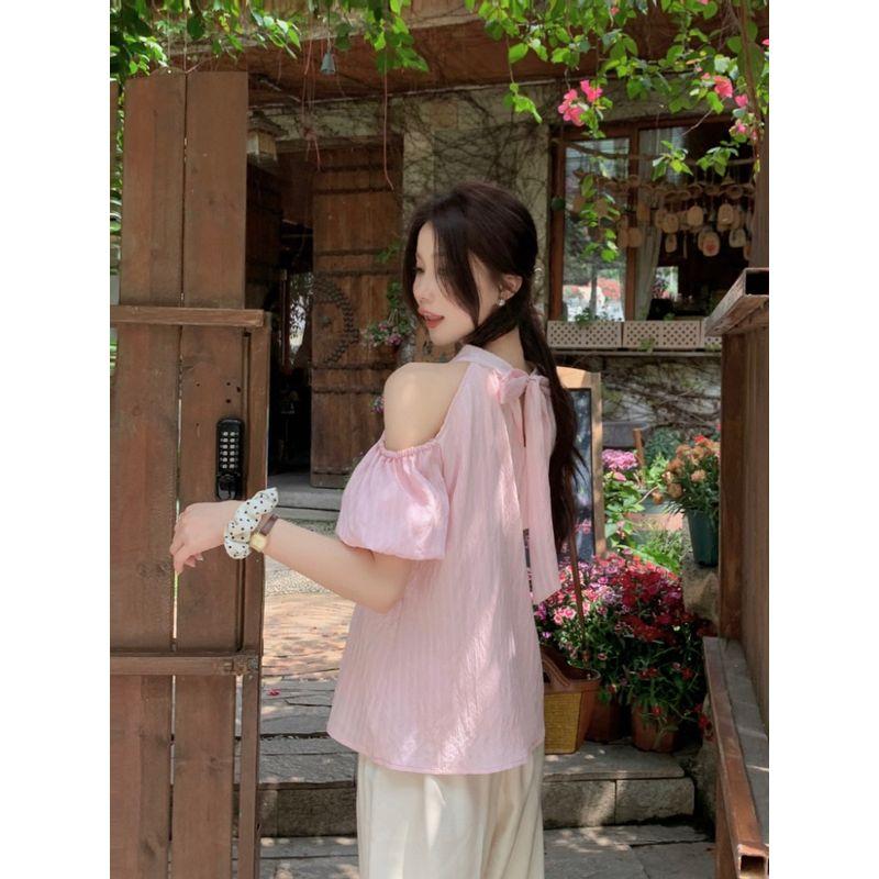 Kumikumi Sweet Style Stripe off-the-Shoulder Short sleeve Shirts Women clothes Summer Chic Bow Lace-up Loose Top