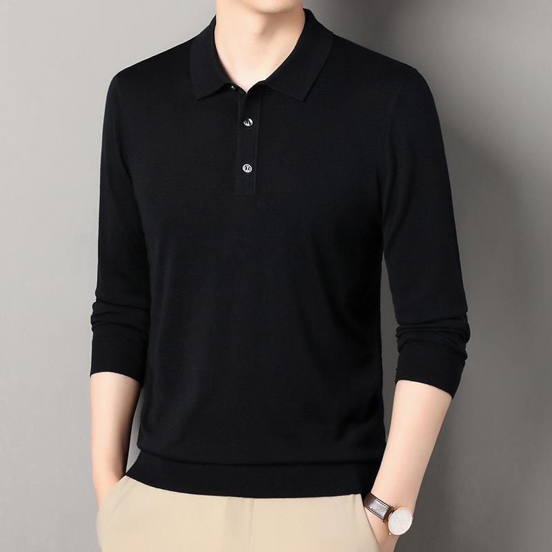 2025 Winter Machine Washable 100% Wool Men's Lapel Sweater - Warm, Solid Color, Versatile Casual Wear for Middle-Aged Dads