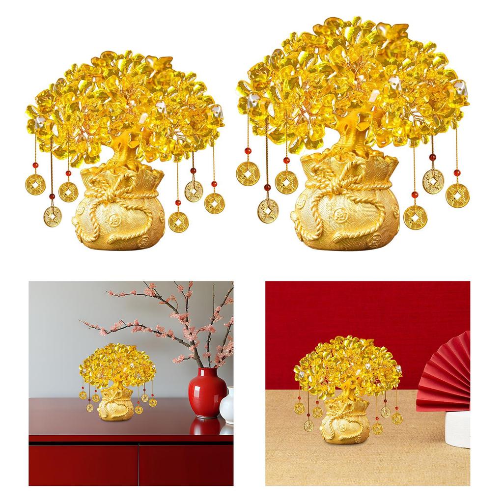 Feng Shui Citrine Money Tree Artificial Bonsai Statue Chinese Decoration for Apartment Living Room Tabletop Decor