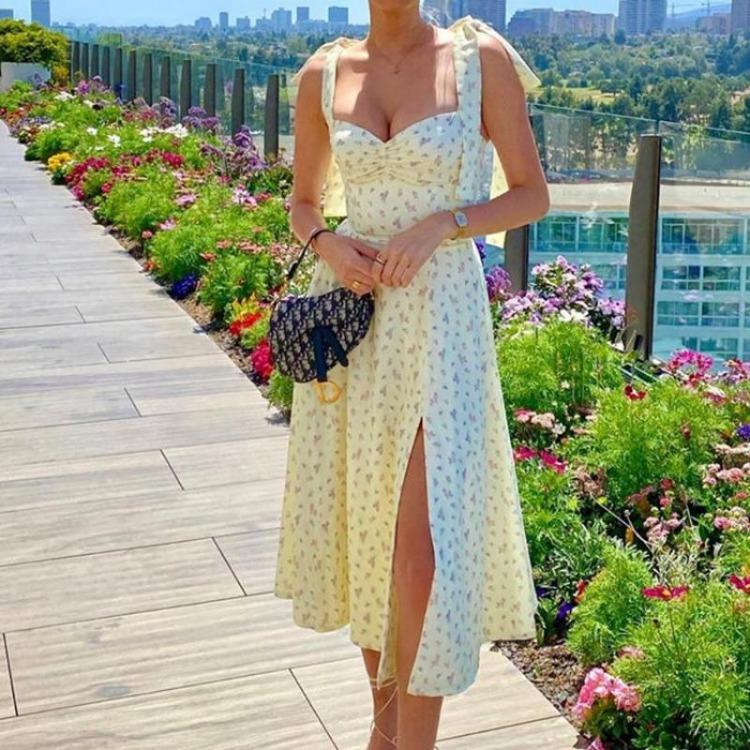 New Women Fashion Europe America Style V Neck Lace Floral Backless Split Dress Female Suspender Bottoming