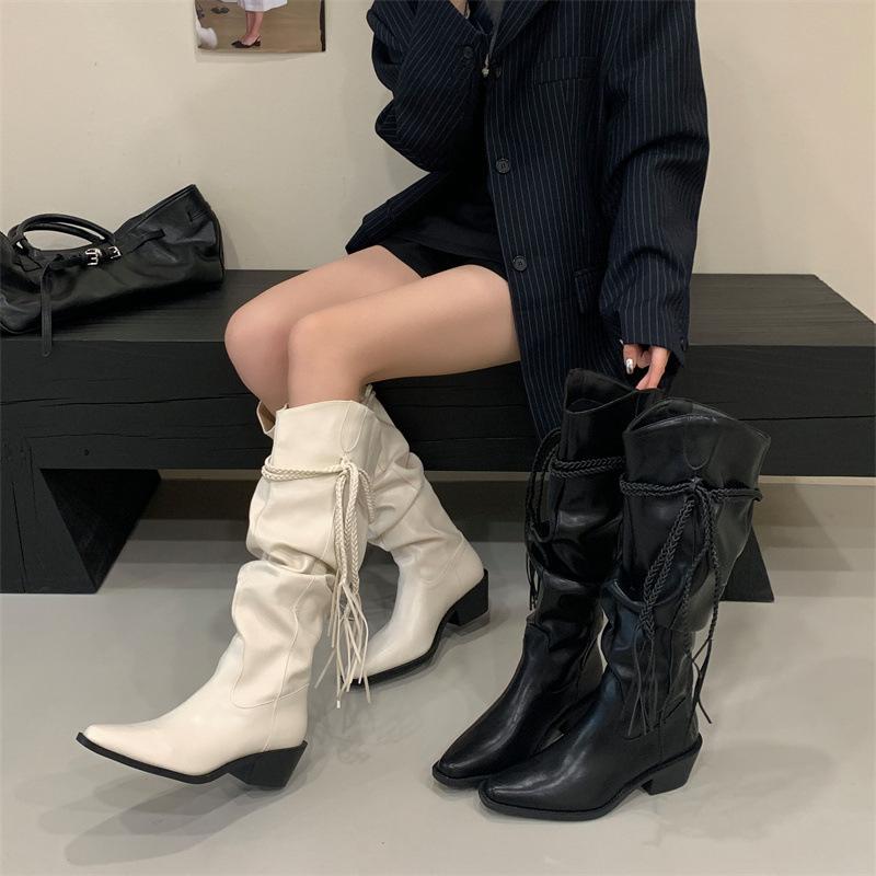 Miting Lange Western Cowboy Stiefel Weiß Stilvoll Vielseitig Hanfseil Quaste Riemen Dicker Absatz Spitz Schmale Ritterstiefel