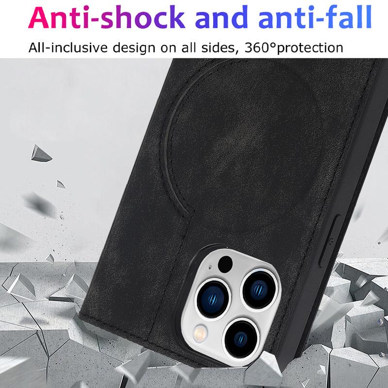 iPhone 15 Anti-Theft Leather Case with MagSafe, Wireless Charging, and Card Holder