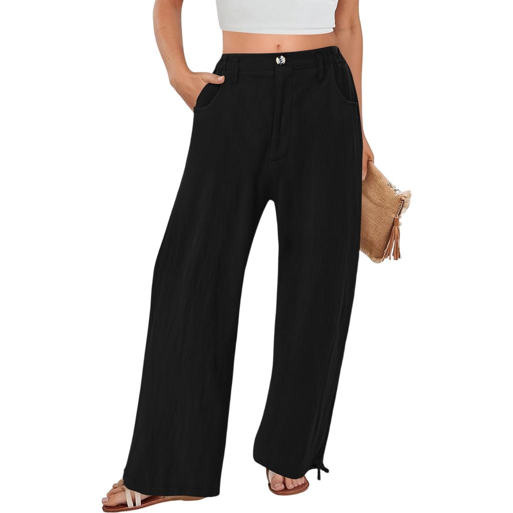 Summer Cotton Linen Wide Leg Pants Women Loose Palazzo Pant Pocket Elastic Waist Button Casual Pants