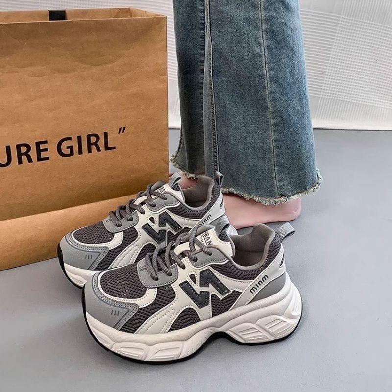 Net Shoes Are Light and Heightened Casual Sports Shoes for Women's New Spring and Autumn Silver Platform Dad Shoes for Women