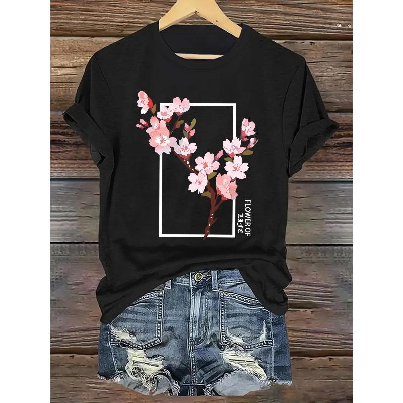 

European Size [Women s Green Graphic T-Shirt] Women s Vibrant Green Graphic T-Shirt - Casual Crew Neck, Short Sleeve Tee with Pink Cherry Blossom 4XL чорний