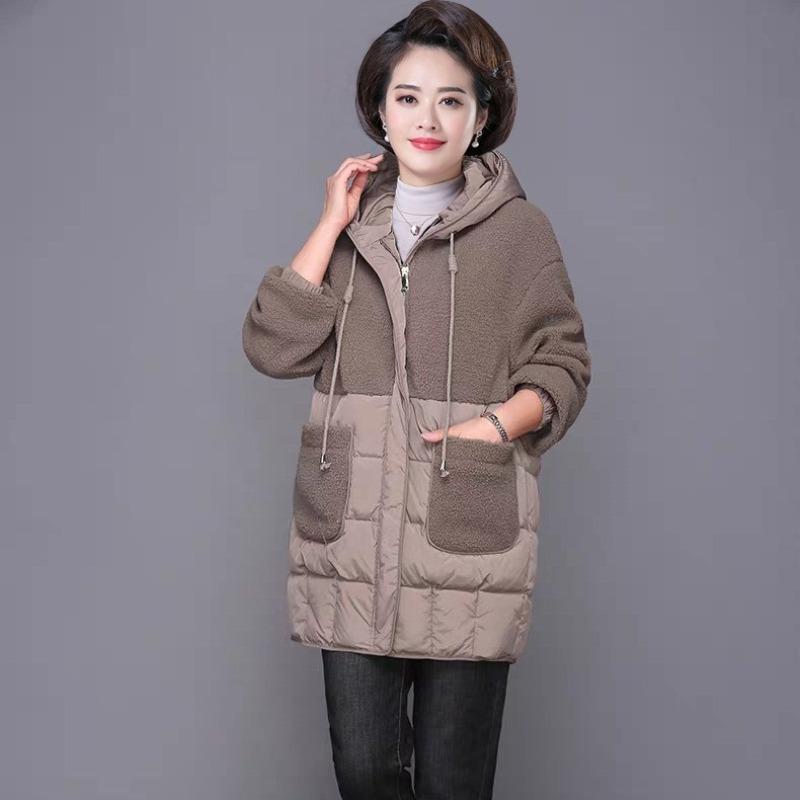 Cappotto invernale da donna alla moda, spesso e caldo, in cotone, con cappuccio, termico, di media lunghezza, in lana d'agnello