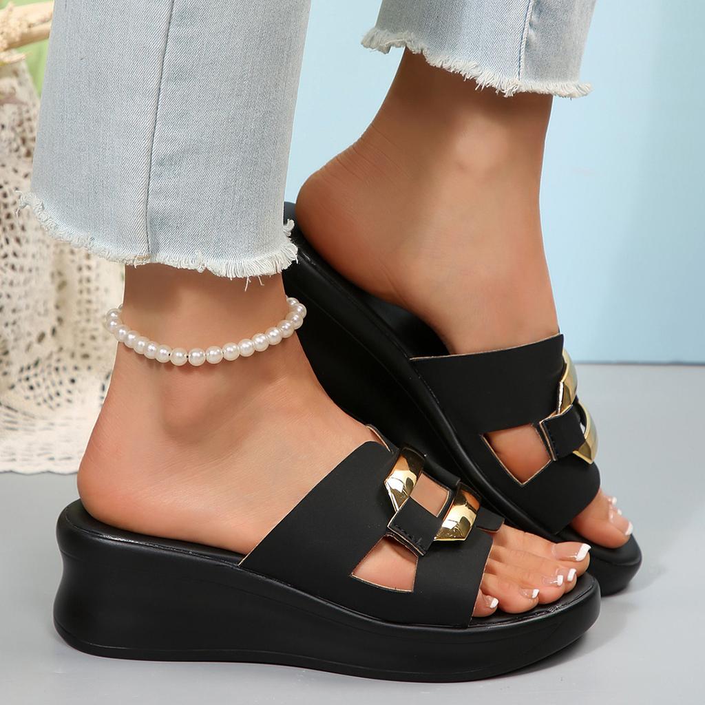 2025 summer new wedge heel sandals non-slip thick-soled muffin shoes high-heeled sandals one-word drag sequined women's slippers