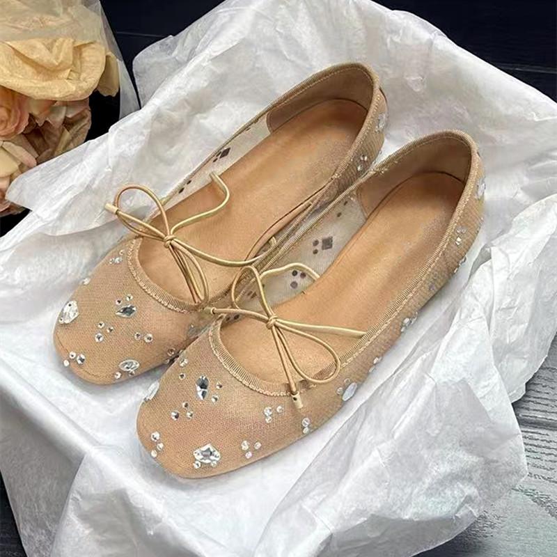 

Модные Удобные Дышащие Сетчатые Балетки Женские Роскошные Украшения из Кристаллов Туфли Мэри Джейн Элегантные Легкие Мягкая Подошва Повседневная Обувь 40 абрикосовый