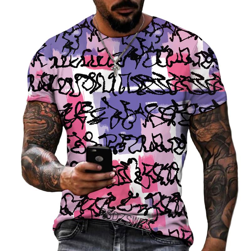 New Design Men's T-shirt Iron Chain Black and White Colorful Painting Style Short Sleeve T-shirt High Quality Fat