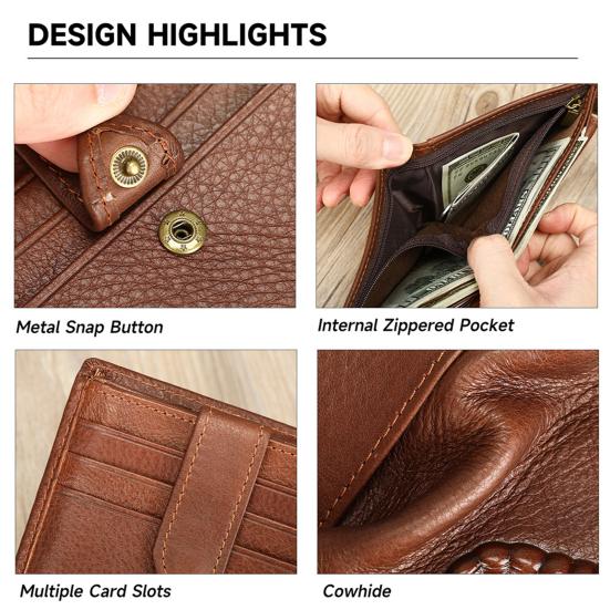 Men Front Pocket Wallet Large Capacity Bi-fold Wallet with Zipper Pocket Embossed Animal Card Holder Folding Cash Coin