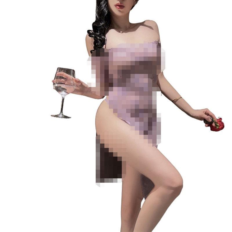 Sex Underwear Sexy Lace Purple Cheongsam Dress Long Pure Desire Dress Set Transparent Hot