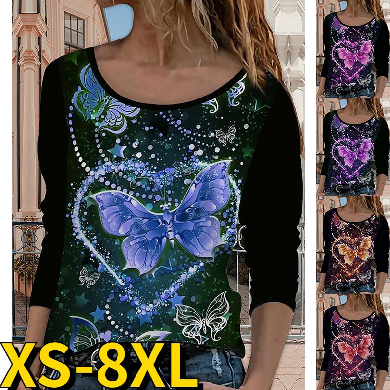 

Элегантный пуловер с длинными рукавами и принтом бабочки, ретро футболка, женская футболка с круглым воротником, весенне-осенние модные повседневные топы