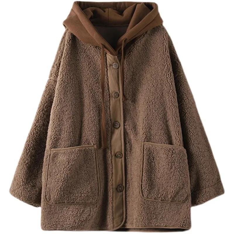 Women Spring and Autumn Mid-Long Thick Pocket Jacket Lamb Plush Hooded Overcoat Outerwears