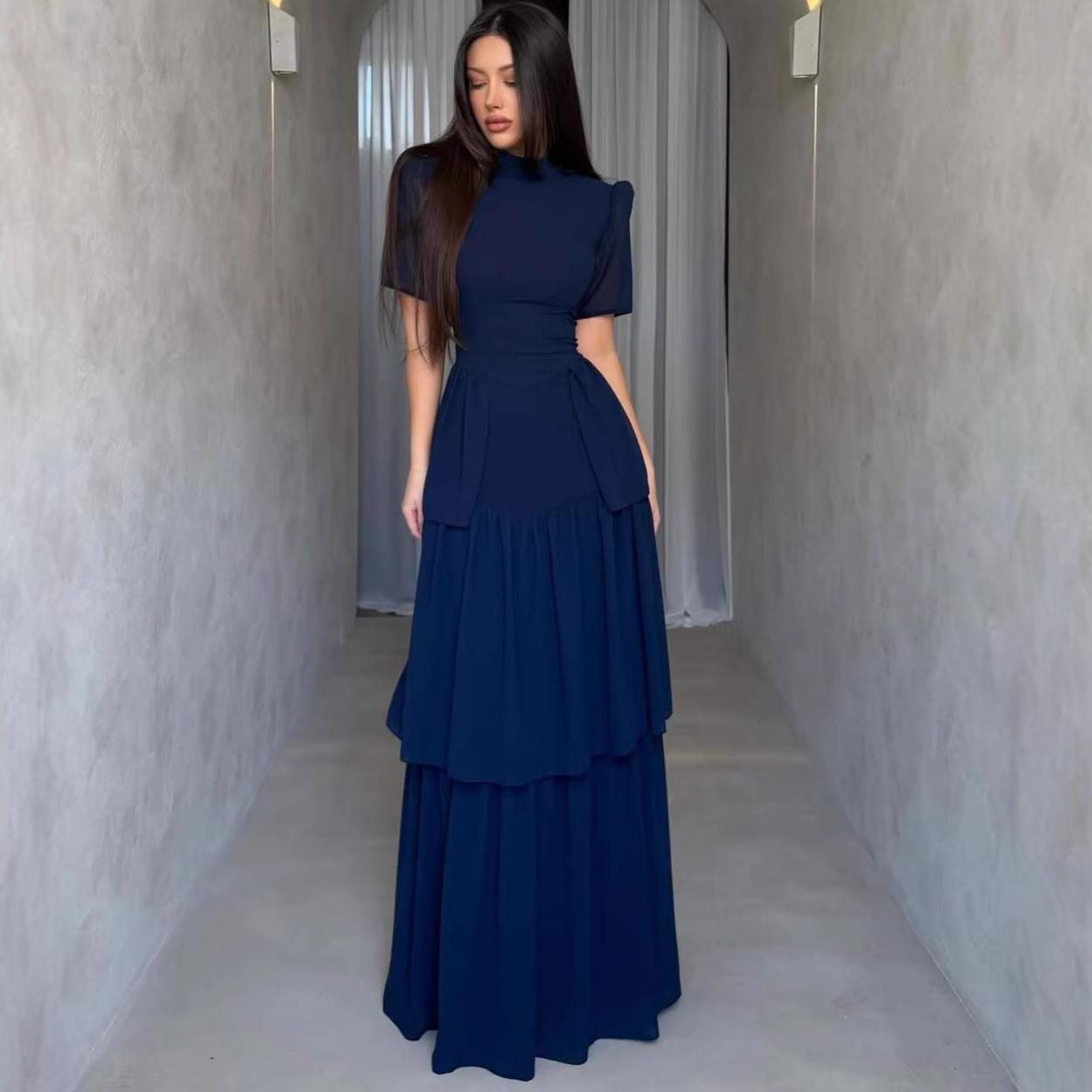 2026 summer new European, American and Amazon cross-border foreign trade women s short-sleeved dress waist slim short-sleeved cake dress XS тёмно-синий