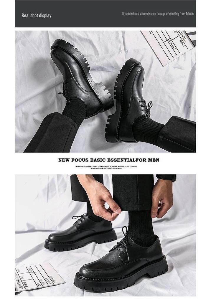 2025 Men's Chunky Glossy Leather Lace-up Casual Shoes with Thick Sole & Square Heel