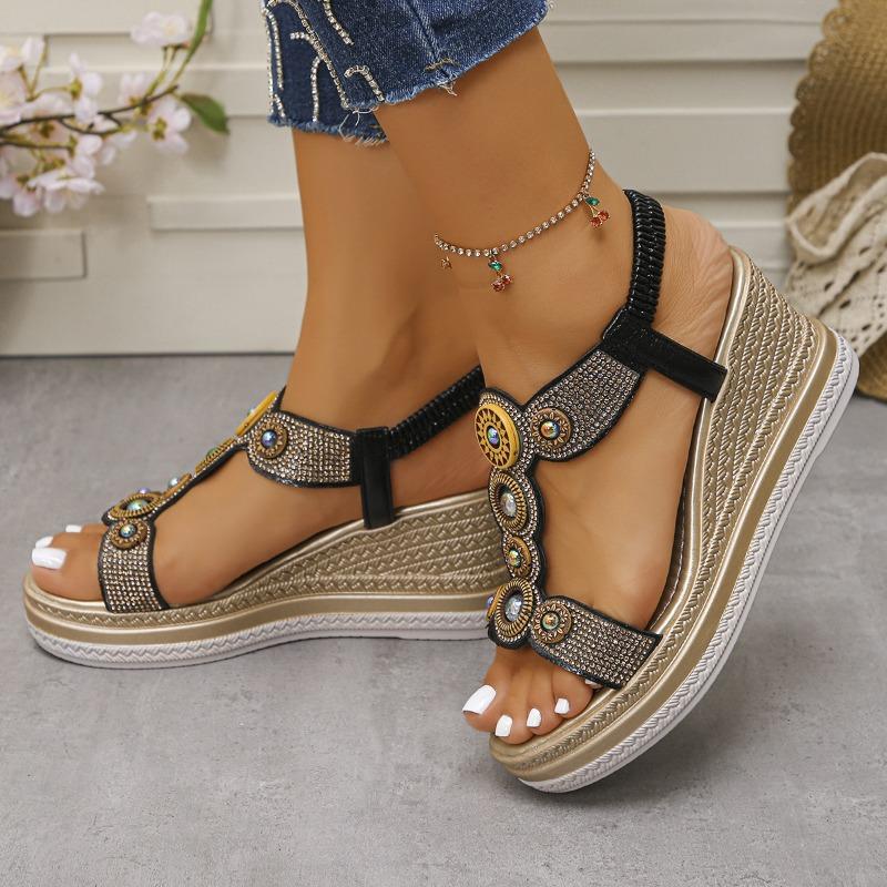 Summer bohemian wedge heel sandals new large size elastic band platform sandals women