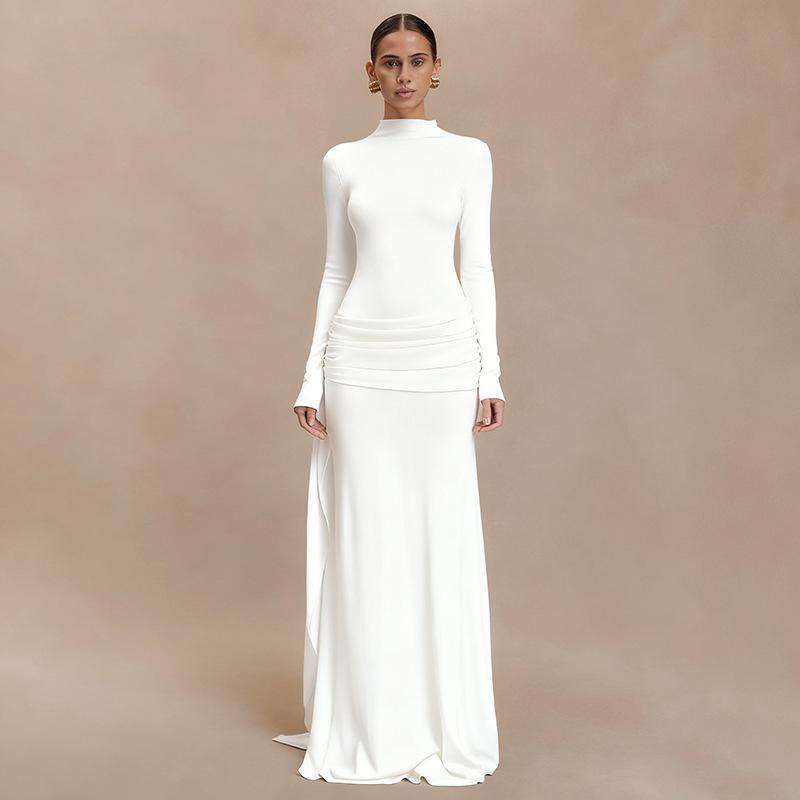 Women High Neck Long Sleeve Bodycon Maxi Dress with Side Drapery Solid Color Elegant Gown