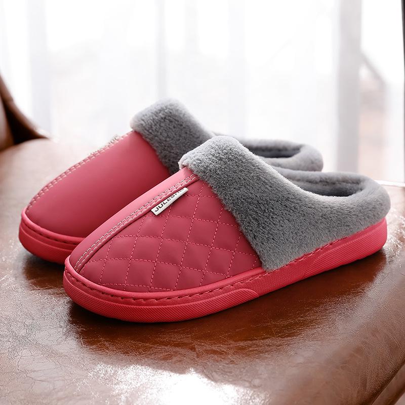 Waterproof leather surface, non-slip and warm home indoor cotton slippers, bag heel comfortable cotton mop home cotton shoes