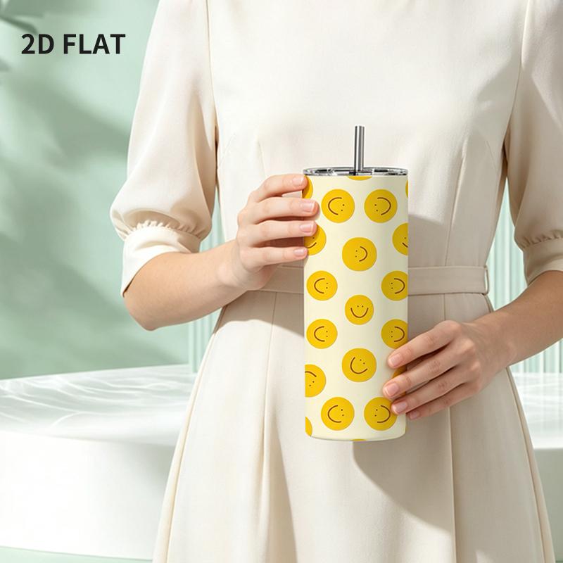 591ml Straight Cup Simple Yellow Smiley Element Straw CupSummer Portable Cup Camping Ice Cup Portable Cup Stainless Steel Car Tumbler 591ml Straight Cup