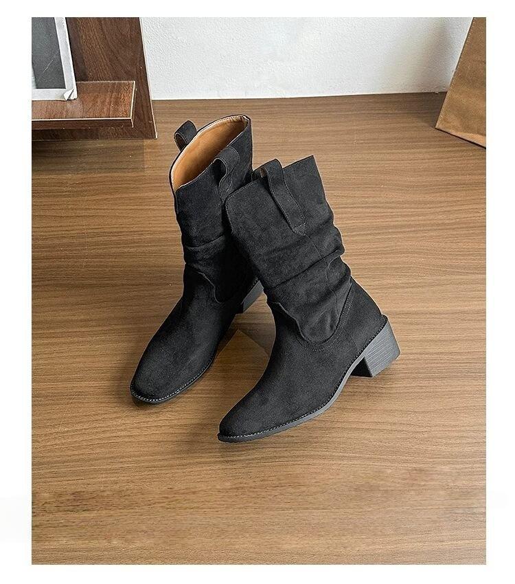 

Retro suede inner heightening pleated stacking boots western cowboy boots square head temperament thick heel short boots 39
