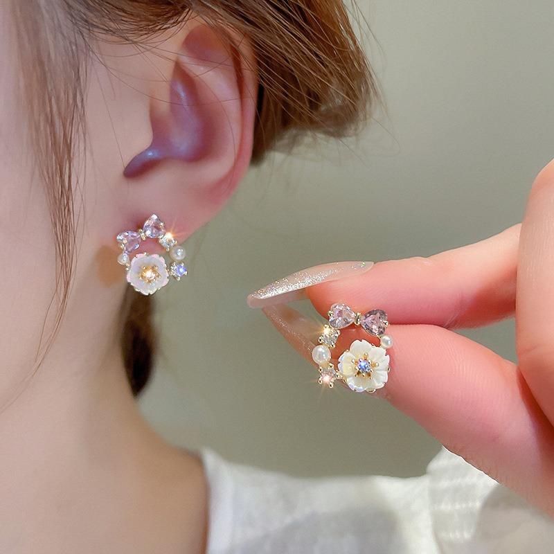 Silver Needle Zircon Flower Pearl Stud Earrings Exquisite Light Luxury High-end Earrings Niche White Versatile Earrings