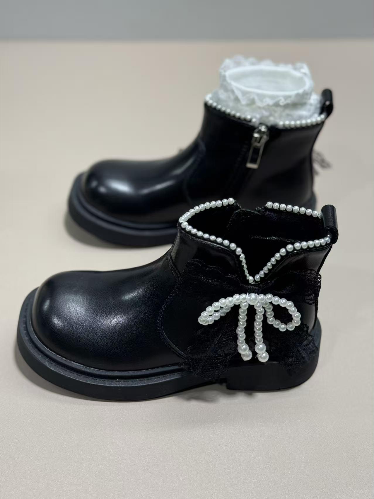 2025 Children s Elegant Pearl Lace Bow Princess Mid-Calf Leather Boots 27