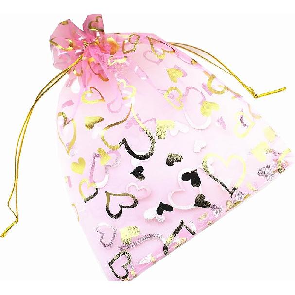 QIANHAILIZZ 100 Pack 7 x 9 Inch Drawstring Flower Heart Bags Organza Jewelry Gift Pouch Candy Pouch Drawstring Wedding Favor Bags (gold heart)