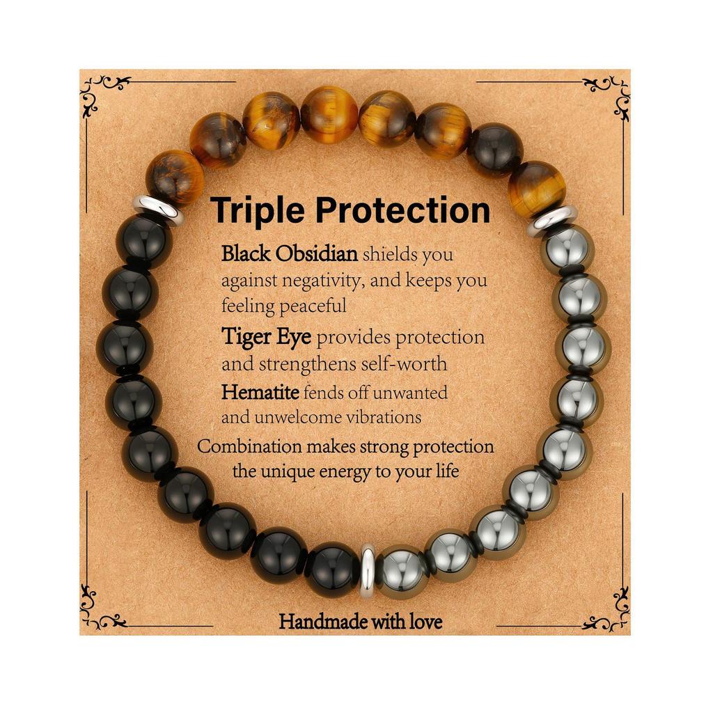 8mm Triple Protection Bracelet: Blue Tiger Eye, Obsidian, Magnetic Beads on Elastic Cord, Birthday Gift
