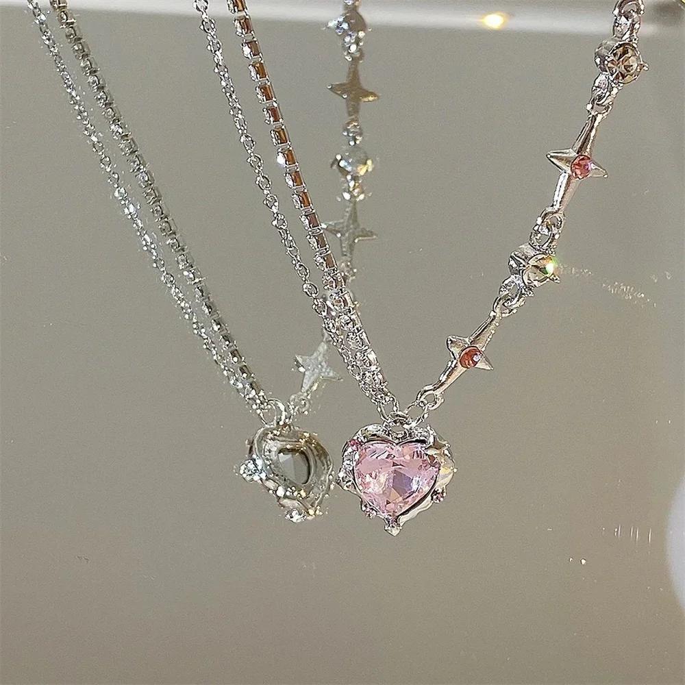 

SUMENG Purple Pink Black Crystal Heart Pendant Necklace Sweet Cool Girl Punk Clavicle Chain For Women Fashion Jewelry Gifts