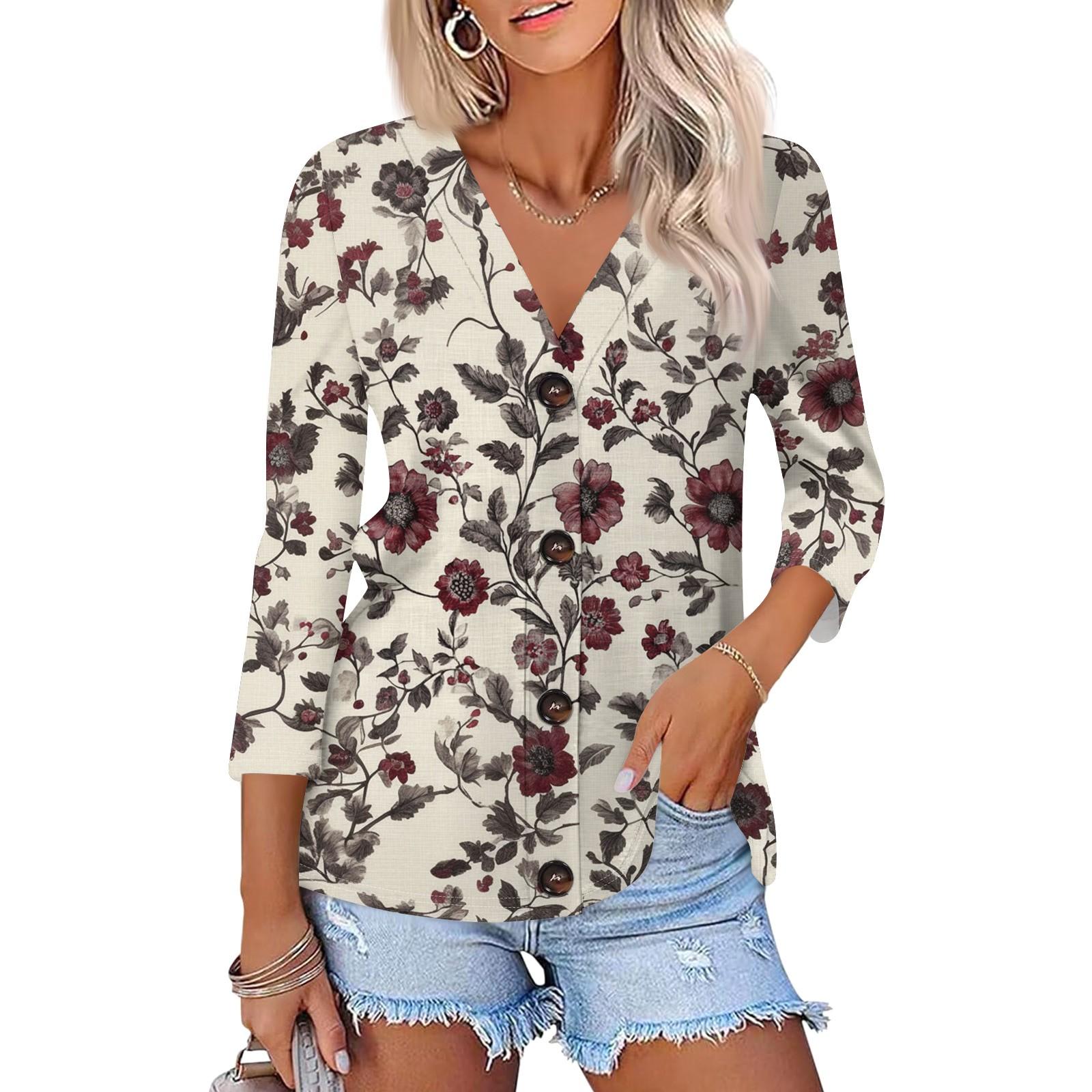 

Женская модная повседневная рубашка на пуговицах с принтом, топ с рукавами 3/4 XL бежевый