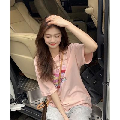 Pink Love Printed Short-sleeved T-shirt for Women's New Summer Design Niche Loose Thin Cotton Top