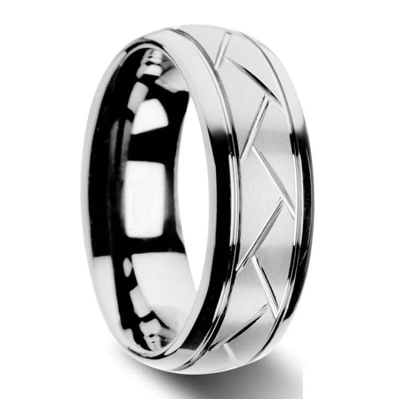 Fashion Men’s Silver Color Black Stainless Steel Ring Groove Multi-Faceted Ring For Men Women Engagement Ring Anniversary Gifts