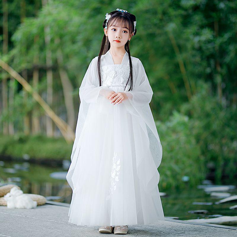 White Girls' Hanfu: New Style Ancient Chinese Fairy Dress with Flowing Guzheng Skirt for Children