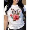 Butterfly Rose Print Women's T-Shirt Casual Round Neck Short Sleeve Tee for Summer Women Daily Casual Tops Clothing