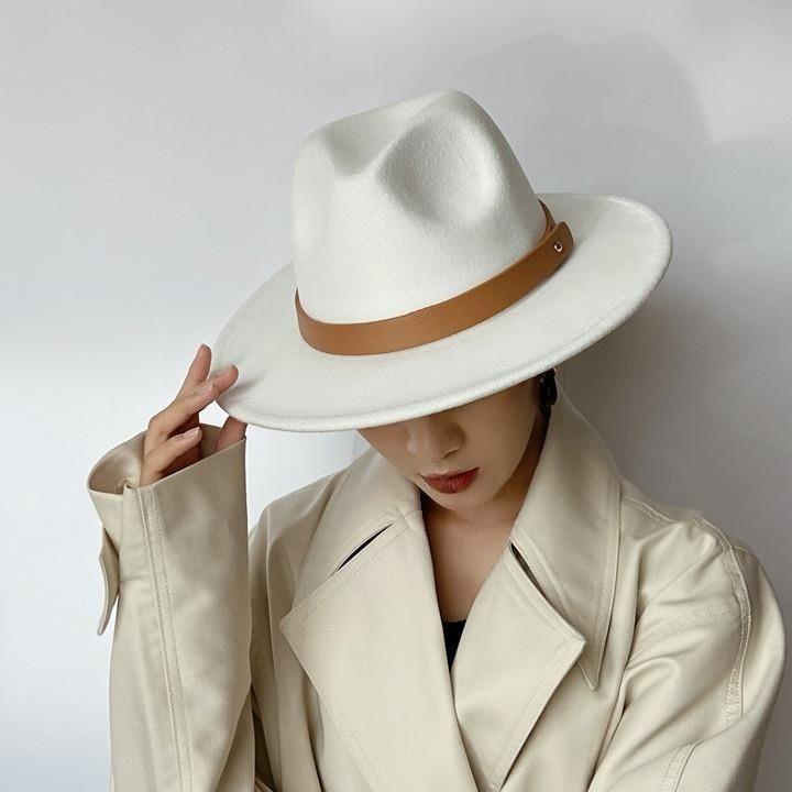 Winter British Style Brown Belt Soft Felt Hat Men'S And Women'S Gentleman'S Top Hat Large Flat Brim Woolen Warm Jazz Hat