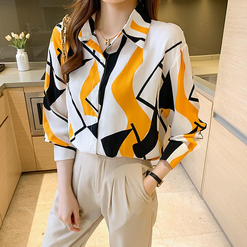 Chemise en mousseline de soie pour femmes, chemisiers droits imprimés géométriques, surdimensionnés, jaune, vert, rouge, pour le bureau, nouvelle collection